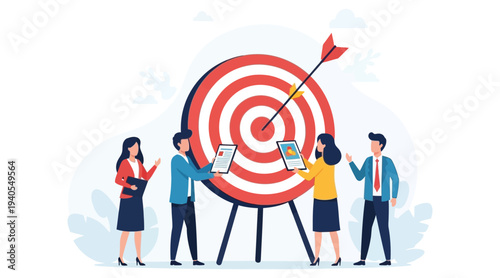 Business team celebrating hitting target with arrow in bullseye on large dartboard