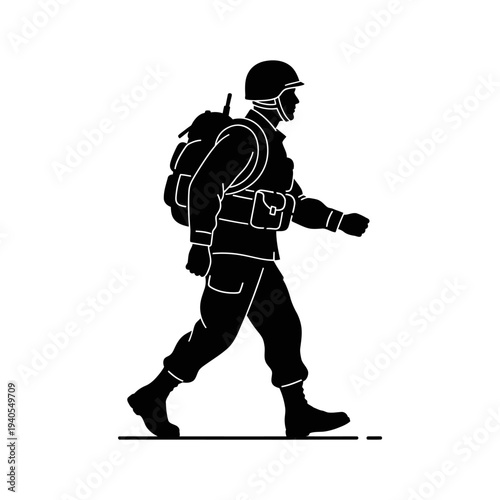 Soldier Walking with Backpack, Military Gear, Silhouette, Side View