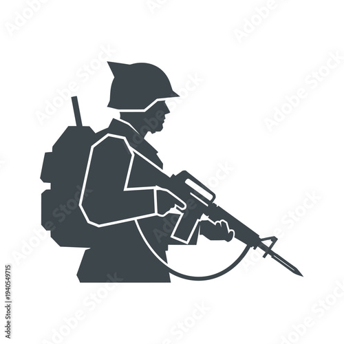 Soldier with rifle and backpack, military silhouette, ready for combat
