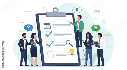 Business professionals standing around a large clipboard with a checklist