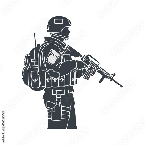 Soldier with rifle and backpack, tactical gear, military uniform, ready for combat