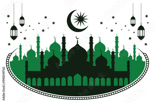 Islamic architecture silhouette with green mosque domes and crescent moon under starry night sky with hanging lanterns for ramadan kareem
