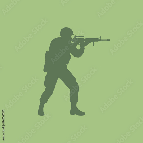 Soldier silhouette aiming rifle, military action, tactical gear, green background