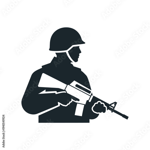 Soldier silhouette with assault rifle, military, army, combat, weapon, protection, security, defense