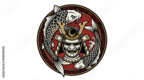 Koi Fish Wrapped Around Samurai Helmet Bold Vector T Shirt Design