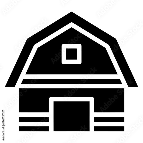 Simple Black and White Barn Icon Representing Farm and Agriculture Building Structure