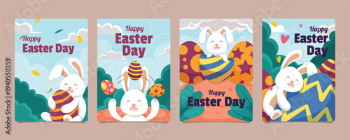Four colorful easter day cards featuring bunnies eggs and cheerful designs