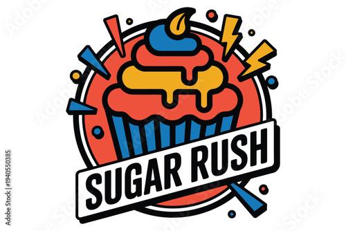 Vibrant emblem design showcasing cupcake with colorful frosting lightning bolts and sugar rush text banner