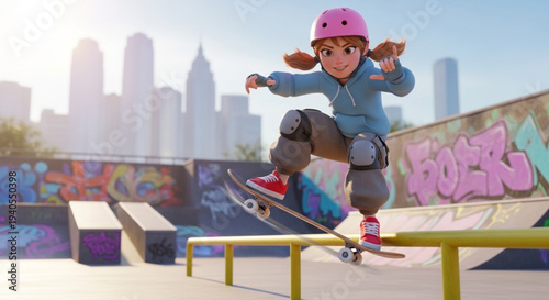 Cartoon girl skateboarder, performing a trick on a handrail, smiling and making the "hang loose" sign, in a skate park environment with graffiti.