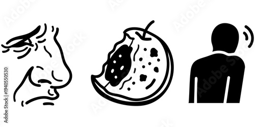 Human Senses Silhouette Set: Detailed Nose Profile, Bitten Rotten Apple, and Auditory Hearing Back Profile Icons