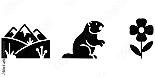Alpine Wilderness Silhouette Set: Snow-Capped Mountain Range, Standing Marmot Groundhog, and Wild Meadow Flower Icons