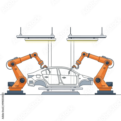 Robotic arms assembling car body on automated production line