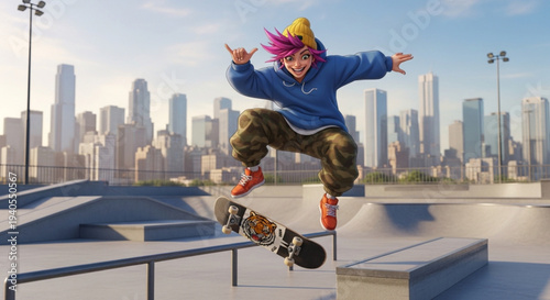 Cartoon boy skateboarding, jumping over a handrail at a skate park, making a "hang loose" gesture with one hand.