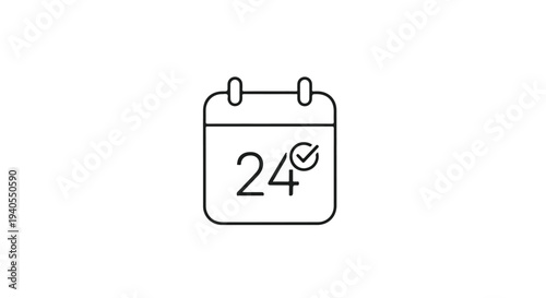 Minimalist Calendar Line Icon with Number 24 and Checkmark Isolated on White Background