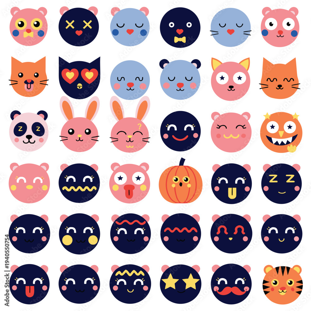 Obraz premium Cute Animal Face Emoji Cartoon Icon Collection