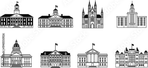 Collection of government and historic building silhouettes including courthouse, capitol, university and cathedral architecture isolated for vector illustration design