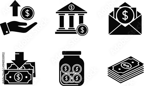 Finance and banking money icons set with savings jar, cash deposit, bank building, payment envelope and income growth symbols