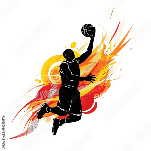 Dynamic basketball player in mid air slam dunking with fiery motion