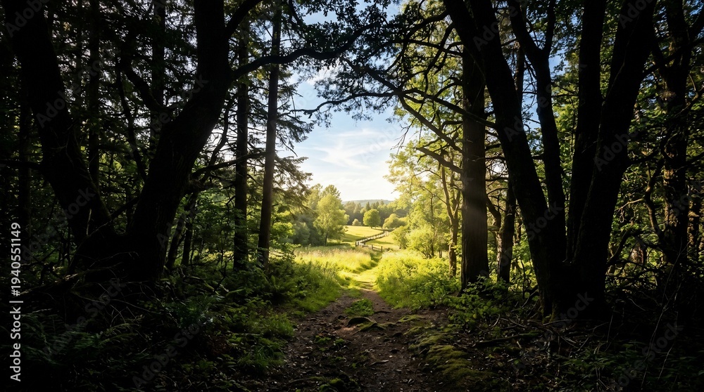 Fototapeta premium Sunlit Forest Path Bathed in Golden Hour Light.