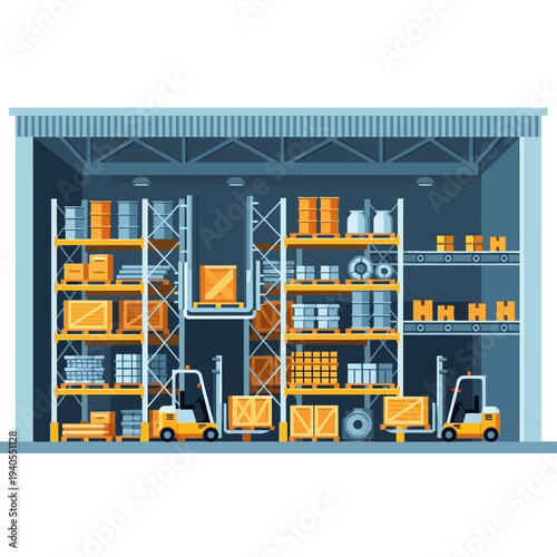 Warehouse interior with forklifts, shelves, boxes, and pallets, logistics and storage concept