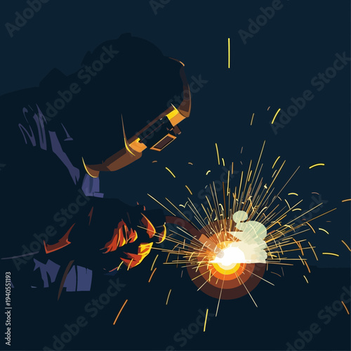 Welder working with sparks flying, industrial welding process, safety gear, metal fabrication