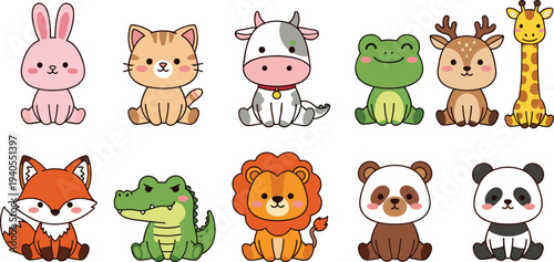Set of Cute Kawaii Animal Characters Including Lion, Panda, Fox, Giraffe, and Rabbit, Flat Vector Illustration Icons for Kids Nursery Design, Stickers, and Baby Shower Decor.