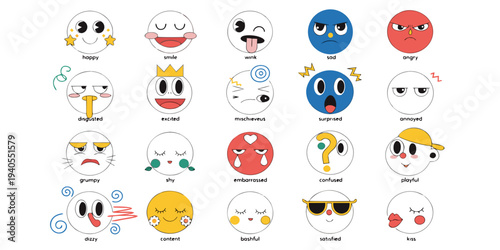Face emoji icon set. Hand drawn doodle sketch style happy, angry, sad mood face emoticon background. Funny cartoon characters smile, wink, kiss emoji. Cute circle emotion element. Vector illustration.