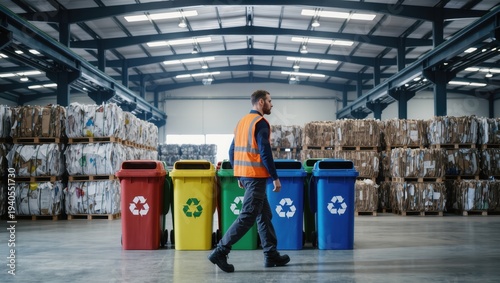 Workers sort waste efficiently in a spacious recycling facility to promote sustainability and environmental awareness