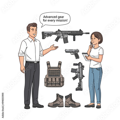 Salesperson showing advanced tactical gear and weaponry to customer