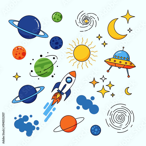 Colorful Space Exploration: Rocket, Planets, UFO, Sun, Moon, Stars, Galaxies
