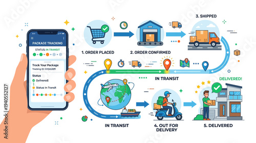 Online Shopping Delivery Process Infographic on Phone.
