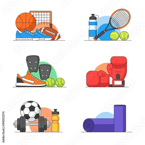 Sports Equipment Collage: Basketball, Football, Tennis, Boxing, Soccer, Yoga