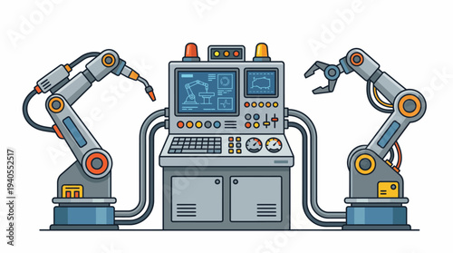 Two robotic arms connected to a central control panel with screens and buttons, illustrating industrial automation and technology.