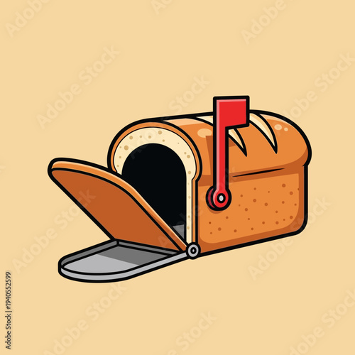 Creative Bread Loaf Mailbox with Open Door and Red Flag, Funny Food Concept