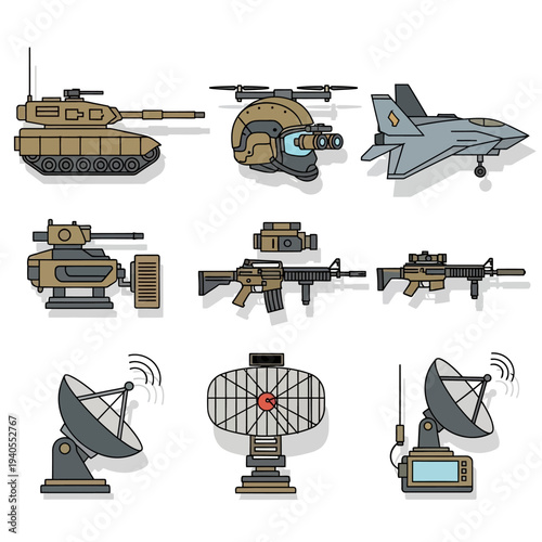 Military Technology Icons: Tank, Drone, Jet, Radar, Weapons, and Equipment Set