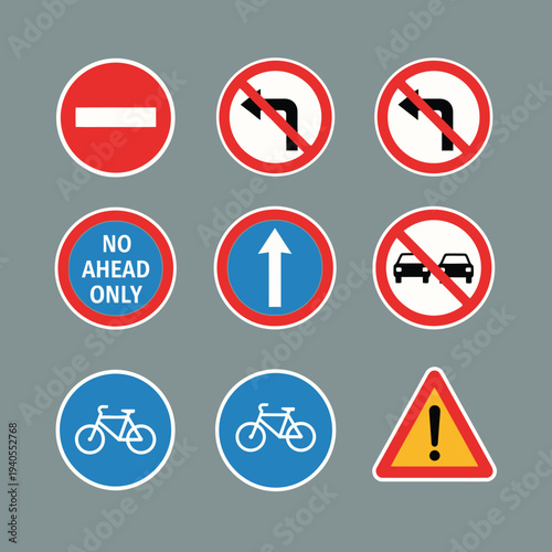 Collection of European traffic signs: prohibition, direction, mandatory, warning, and information