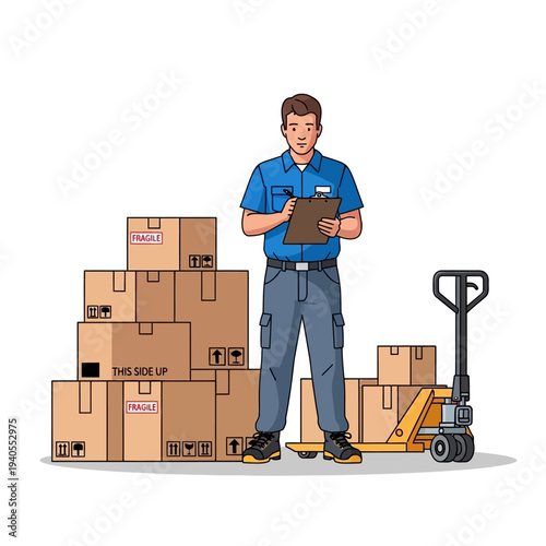 Warehouse worker with clipboard and stack of boxes, pallet jack nearby