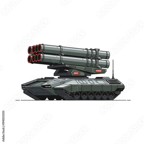 Modern Rocket Launcher Tank, Military Vehicle, Artillery System, Pixel Art Style