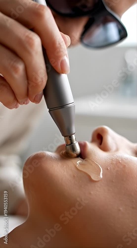 A skincare professional performs a facial treatment using a device