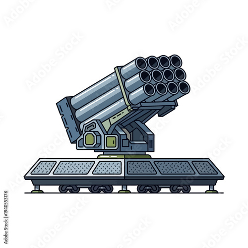 Multiple rocket launcher system on a platform, military weapon, artillery, war machine, vector illustration