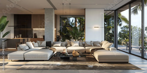 Modern Living Room with Sectional Sofa, Warm Minimalist Decor and Natural Light