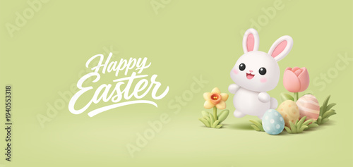 Happy bunny character jumping in spring flowers and grass, Easter eggs. Happy Easter greetings. Spring banner. Vector illustration.