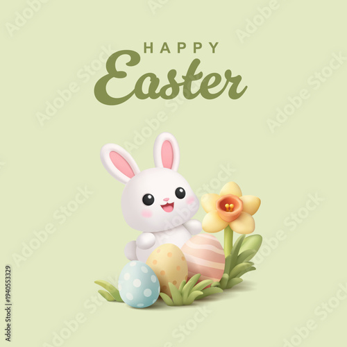 Happy Easter. 3D bunny hiding in spring flowers and Easter eggs. Green banner. Spring card. Vector illustration