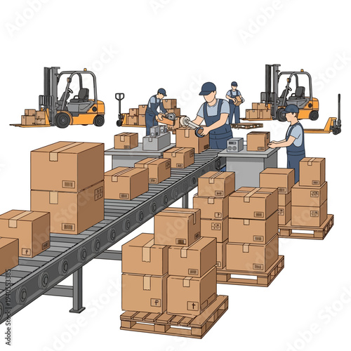Warehouse conveyor belt with workers and forklifts moving boxes