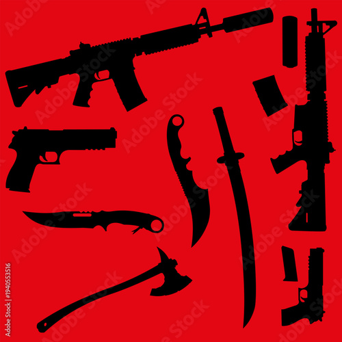 Military weapons silhouettes set, assault rifles, handguns, tactical knives, axe and katana collection isolated on red background