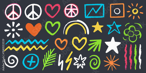 Colorful chalk drawings of symbols hearts and abstract shapes on black