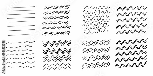 A collection of hand drawn lines waves and scribbles on a white background