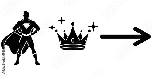 Heroic Leadership Silhouette Set: Flying Superhero with Cape, Sparking Royal Crown, and Upward Directional Arrow Icons