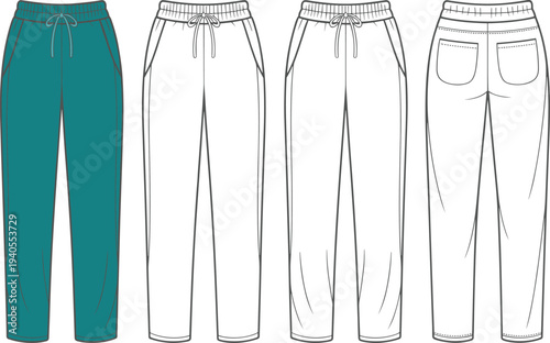 Technical flat drawing fashion illustration of ankle-length sweatpants with elastic drawstring waist and back welt pockets, ready for garment production specification sheet CAD vector