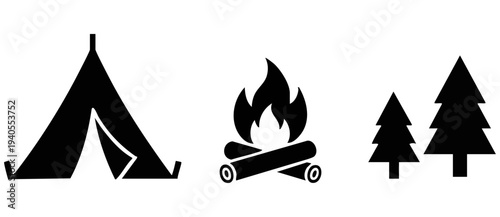Outdoor Camping Silhouette Set: Classic A-Frame Tent, Roasting Campfire Logs, and Evergreen Pine Tree Icons